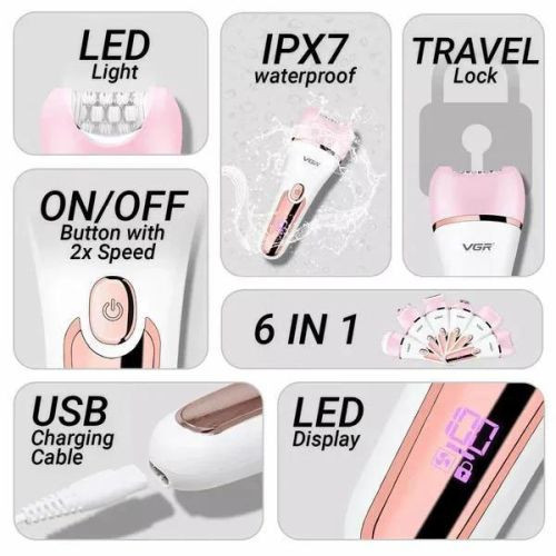 Эпилятор 6 в 1 (12 насадок) IPX7 PINK V-733 VGR  Фото 3 