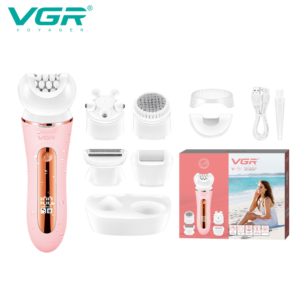 Эпилятор 5 в 1 PINK IPX6 V-751 VGR  Фото 2 