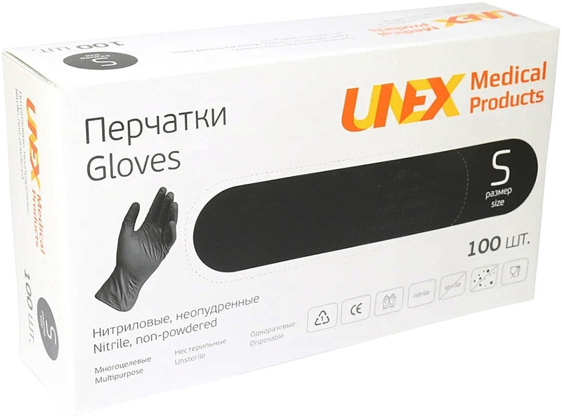 Перчатки нитриловые неприпудренные Products Black Unex Medical, размер S  Фото 2 