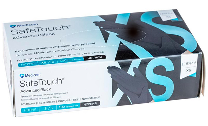 Рукавички оглядові чорні нітрилові 100 шт, S, 6,5 гр, SafeTouch Advanced