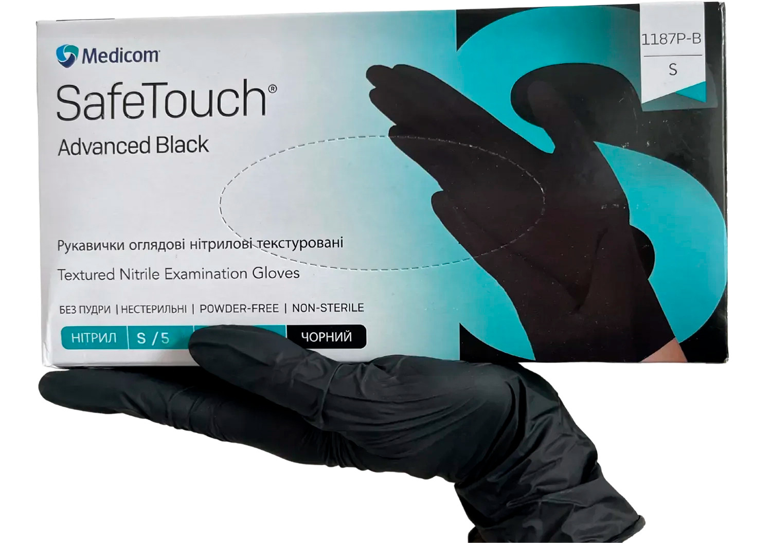 Рукавички оглядові чорні нітрилові 100 шт, S,6.5 гр, SafeTouch Advanced  Фото 2 
