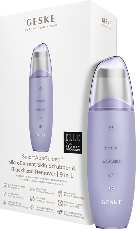 Мікрострумовий скрабер для шкіри та усунення чорних точок GESKE MicroCurrent Skin Scrubber & Blackhead Remover 9 в 1 фіолетовий на beauty-prof.com Мікрострумовий скрабер для шкіри та усунення чорних точок GESKE MicroCurrent Skin Scrubber & Blackhead Remover 9 в 1 фіолетовий