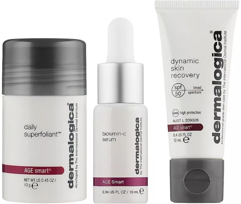 Набір для анти-ейдж захисту шкіри - Age Defense Kit (Daily Superfoliant 13 г, Biolumin-C Serum 10 мл, Dynamic Skin Recovery SPF50 12 мл) Dermalogica