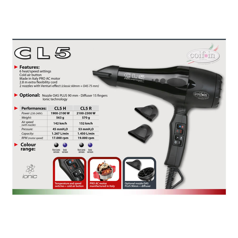 Фен CL5 H черный 1900-2100 W Coif*in на beauty-prof.com Фото 2 Фен CL5 H черный 1900-2100 W Coif*in Фото 2