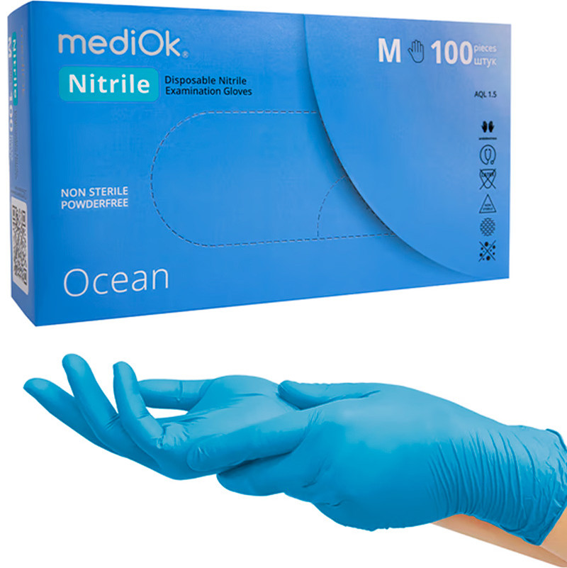 Рукавички нітрилові неопудрені блакитні М Ocean MediOk, 100 шт